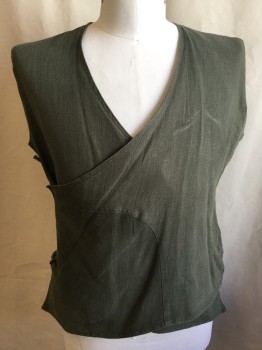N/L (MTO), Olive Green, Green, Cotton, Polyester, Solid, Shinny Green Lining, V-neck, Wraparound with Ties,