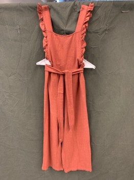 TOPSHOP, Rust Orange, Cotton, Solid, Gauzy Texture, Bib Front, Ruffle Strap Detail, Elastic Waist, with Self Belt