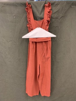 TOPSHOP, Rust Orange, Cotton, Solid, Gauzy Texture, Bib Front, Ruffle Strap Detail, Elastic Waist, with Self Belt
