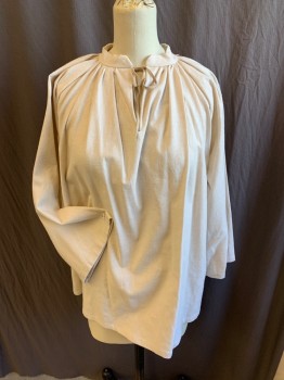N/L, Beige, Polyester, Cotton, Solid, Gathered Neck with Split  Mandarin Collar and Short Tan Suede Tie, Raglan Long Sleeves,
