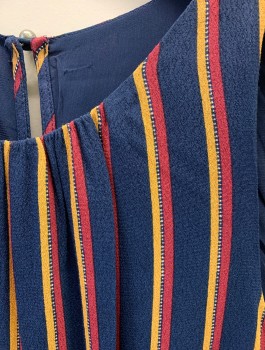 N/L, Navy Blue, Cranberry Red, Mustard Yellow, White, Rayon, Stripes - Vertical , Crepe, Sleeveless, Scoop Neck, Gathered at Neckline, Elastic Waist, Full Length Wide Legs, Self Belt Ties at Waist, Invisible Zipper in Back, 1 Button at Center Back Neck, Has a Double