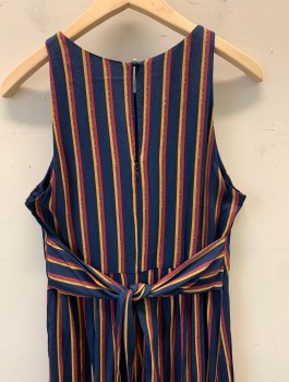 N/L, Navy Blue, Cranberry Red, Mustard Yellow, White, Rayon, Stripes - Vertical , Crepe, Sleeveless, Scoop Neck, Gathered at Neckline, Elastic Waist, Full Length Wide Legs, Self Belt Ties at Waist, Invisible Zipper in Back, 1 Button at Center Back Neck, Has a Double