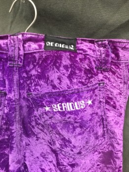 SERIOUS, Purple, Nylon, Solid, Crushed Velvet, Zip Fly, 4 Pockets, "SERIOUS" Embroidered on Back Pocket, Belt Loops