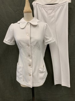 N/L, White, Polyester, Solid, Vintage, 1970's/1980's, Ribbed Knit, Button Front, Scallopped Collar Attached, Short Sleeves, 2 Pockets, Angled Seams Below Breasts