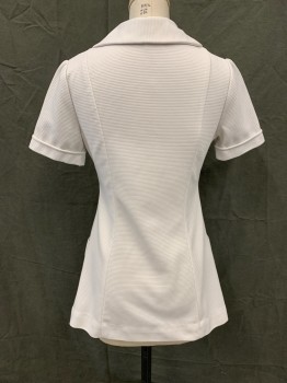 N/L, White, Polyester, Solid, Vintage, 1970's/1980's, Ribbed Knit, Button Front, Scallopped Collar Attached, Short Sleeves, 2 Pockets, Angled Seams Below Breasts