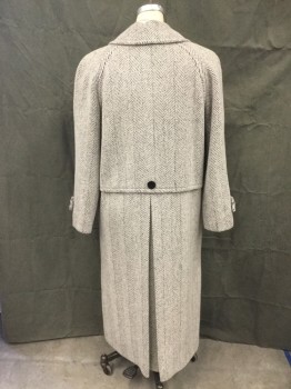 CHARLES KLEIN, Black, White, Wool, Herringbone, Wide Herringbone, Double Breasted, Collar Attached, Notched Lapel, 2 Pockets, Long Sleeves, Raglan Long Sleeves, Button Tab at Cuff, Large Back Yoke Vent with Center Back Pleat