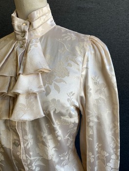 SHRINE, Cream, Rayon, Polyester, Floral, Steam Punk Quasi-Victorian Blouse, Self Floral Jacquard, Long Sleeved Snap Front, Pleated Stand Collar, 3 Tiered Ruffle "Jabot" Detail at Center Front, Puffy Gathered Sleeves, Ruffled Cuffs