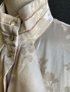 SHRINE, Cream, Rayon, Polyester, Floral, Steam Punk Quasi-Victorian Blouse, Self Floral Jacquard, Long Sleeved Snap Front, Pleated Stand Collar, 3 Tiered Ruffle "Jabot" Detail at Center Front, Puffy Gathered Sleeves, Ruffled Cuffs