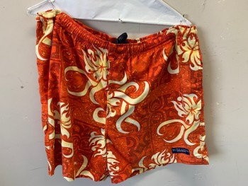 QUICKSILVER, Orange, Red, Yellow, Synthetic, Floral, Novelty Pattern, Elastic Waist & Drawstring,