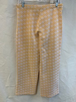 NL, Goldenrod Yellow, White, Synthetic, Floral, Geometric, Pants, Side Zipper, Hook N Eye Closure, Cropped Length