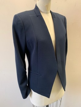 ARMANI EXCHANGE, Navy Blue, Polyester, Viscose, Solid, Open Front with No Closures, No Lapel, V-neck, 2 Welt Pockets, Lightly Padded Shoulders, Ruching at Wrists