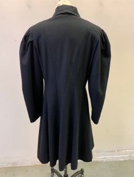 B:36, Black, Wool, Solid, Puffy Sleeves Gathered at Shoulders, Shawl Lapel, Hook and Eye Closures at Front, Padded Shoulders, Below Hip Length, Made To Order