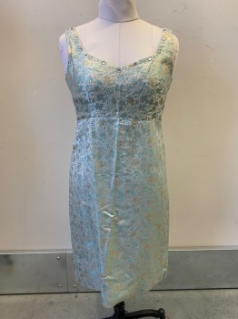 NO LABEL, Ice Blue, Gold, Turquoise Blue, Polyester, Brocade, Sleeveless, V Neckline with Beaded and Gem Detailing, Back Zipper, MTO