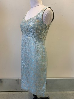 NO LABEL, Ice Blue, Gold, Turquoise Blue, Polyester, Brocade, Sleeveless, V Neckline with Beaded and Gem Detailing, Back Zipper, MTO