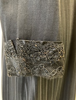 N/L, Black, Wool, Silk, Self Stripe Texture, Long Sleeves, Silk Satin Pointed Lapel and Collar, Lace Panel at Center of Bodice, Attached Self Belt, Lace at Cuffs,