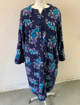 MISS ELAINE, Navy Blue, Lavender Purple, Turquoise Blue, Gray, Polyester, Floral, Fleece, Zip Front, Round Neck with Notch, Navy Tassle Zipper Pull, Long Sleeves, 2 Pockets, Ankle Length