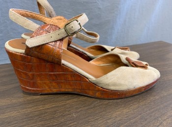 RE-MIX, Brown, Taupe, Leather, Suede, Reproduction Peep Toe Wedges, Taupe Suede Upper with Faux Snakeskin Look Leather Platform, Square Leather Detail at Toe, Wedge is 3" High