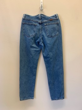 RUSTLER, Denim Blue, Cotton, Solid, 4 Pockets, Zip Fly, Belt Loops, Hole At Fly See Detail Photo,