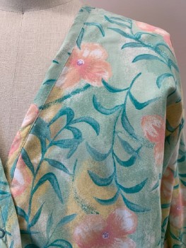 BARCO, Sea Foam Green, Peachy Pink, Multi-color, Poly/Cotton, Floral, V-N, 2 Pckts, Snap Front, Light Yellow, Teal Green Leaves, Purple Accents