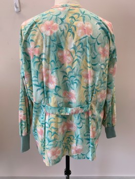 BARCO, Sea Foam Green, Peachy Pink, Multi-color, Poly/Cotton, Floral, V-N, 2 Pckts, Snap Front, Light Yellow, Teal Green Leaves, Purple Accents