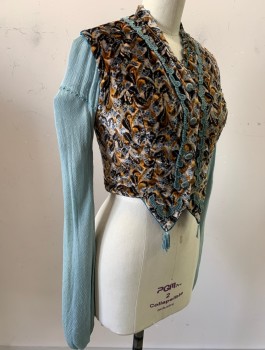 N/L MTO, Lt Blue, Mustard Yellow, Gray, Cotton, Abstract , Patterned Velvet with Light Blue Gauze Long Sleeves with Silver Dots, V-Neck, Boned Structure, Light Blue Fabric Buttons, Hidden Hook/Bar Closures, Made To Order