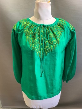 DIVYA ANAND, Shamrock Green, Sage Green, Olive Green, Chartreuse Green, Silk, Solid, Leaves/Vines , Tie Neck, Self Cord, Leaf Embroidery, Self Button Cuffs,