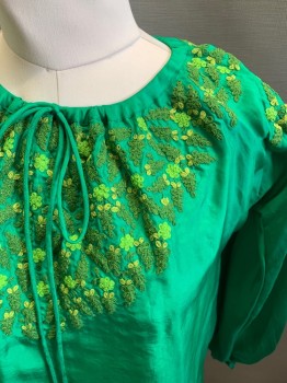 DIVYA ANAND, Shamrock Green, Sage Green, Olive Green, Chartreuse Green, Silk, Solid, Leaves/Vines , Tie Neck, Self Cord, Leaf Embroidery, Self Button Cuffs,