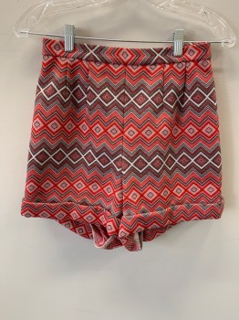 NL, Red, Pink, White, Gray, Polyester, Zig-Zag , Diamonds, Shorts, Zip Back, Cuffed, Made To Order
