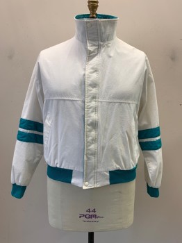 SWINGSTER, White, Cotton, Jacket, Turtle Neck Folds To Collar, Turquoise Collar, Waist, Cuffs, & Stripes On Sleeves,, Zip Front, L/S,2 Pockets, *Yellow Stains