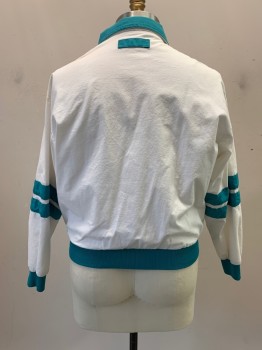 SWINGSTER, White, Cotton, Jacket, Turtle Neck Folds To Collar, Turquoise Collar, Waist, Cuffs, & Stripes On Sleeves,, Zip Front, L/S,2 Pockets, *Yellow Stains
