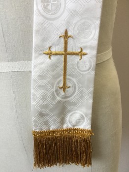 MTO, Cream, Gold, Polyester, Cotton, Diamonds, Novelty Pattern, Cream with Self Stacking Diamond, Circle Print and Gold Cross Embroidery with Gold Fringes Trim, White Lining