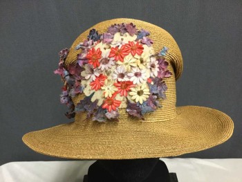 MTO, Tan Brown, White, Pink, Purple, Straw, Cotton, Solid, Floral, Cloche with Wool and Fake Flower Applique, Care Worn