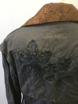 People Like Frand, Brown, Copper Metallic, Polyester, Cotton, Solid, Paisley/Swirls, Distressed Fabric, Leather Flower Appliques On Back, Wood Buttons, Copper 'Snake Skin' Printed Collar and Off Center Detail, Post-apocalyptic,