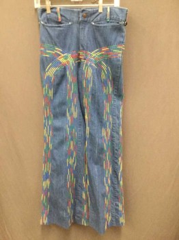 N/L, Blue, Red, Yellow, Green, Cotton, Solid, Stripes, Bell Bottom Jeans with Rainbow Embroidered Novelty Lines, Zip Fly, High Waisted