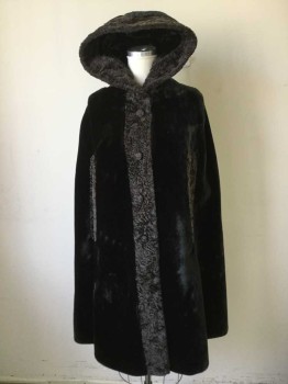 BORGAZIA, Black, Brown, Faux Fur, Solid, Black Cape with Brown Textured Faux Fur Trim, Hood, 2 Side Seam Arm Holes, Fabric Florette and Enamel Buttons, Hem Below Knee, Wired Brim on Hood,