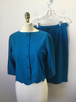 N/L, Turquoise Blue, Wool, Viscose, Solid, Wool Jersey. 5 Covered Button at Center Front,  Crew Neck, 3/4 Sleeves. Scalloped Hemline. Small Moth Holes at Back