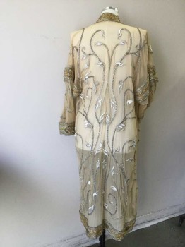 N/L, Gold, Beige, Silver, Hot Pink, Yellow, Polyester, Metallic/Metal, Floral, Ethnic Influenced. Beige Power Mesh with Gold & Silver Floral Embroidery Embellished with Gold Sequins & Gold Bullion Trim