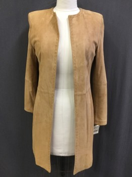 NORDSTROM, Caramel Brown, Suede, Solid, Round Neck,  No Closures, Suede Ribbon Woven Around Neck Edge and Front Opening, Back Vent, Princess Seams, No Pockets