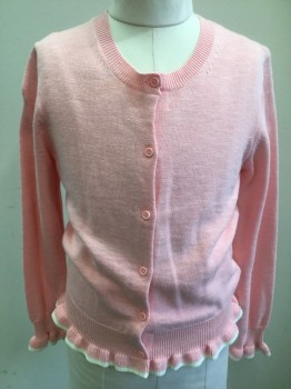 CREW CUTS, Pink, Cream, Cotton, Acrylic, Solid, Girls Size, Knit, Cream Accent Edge at Hem and Cuffs, Long Sleeves, Button Front, Round Neck,  Self Ruffles at Hem and Cuffs