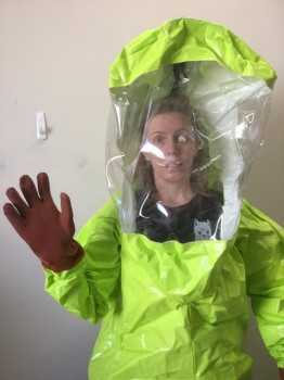 DUPONT TYCHEM , Lime Green, Plastic, Solid, Hazmat Encapsulated Suit, for Chemicals, Clear Face Shield, Attached Rubber Gloves, Center Back Heavy Duty Zipper and Velco, Attached Hood, Taped Seams, Interior Belt, Covered Hole for Air Purifier Attachment, Tychem, We Have 3, Bio Hazard