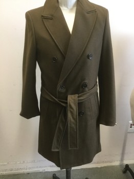 ZARA MAN , Brown, Wool, Solid, Double Breasted, Notched Lapel, Belt Tacked to Waist