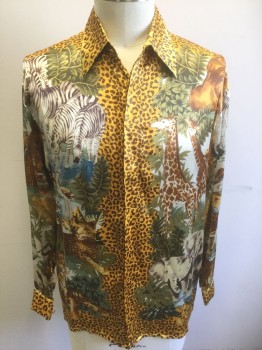 N/L, Multi-color, Silk, Novelty Pattern, Animal Print, Orange with Dark Brown Leopard Spots, with Various Wild Animals in Foreground (Giraffes, Elephants, Tigers, Zebras, Etc), Satin, Long Sleeve Button Front, Collar Attached,