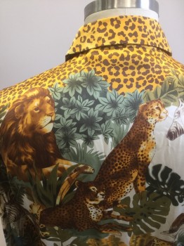 N/L, Multi-color, Silk, Novelty Pattern, Animal Print, Orange with Dark Brown Leopard Spots, with Various Wild Animals in Foreground (Giraffes, Elephants, Tigers, Zebras, Etc), Satin, Long Sleeve Button Front, Collar Attached,