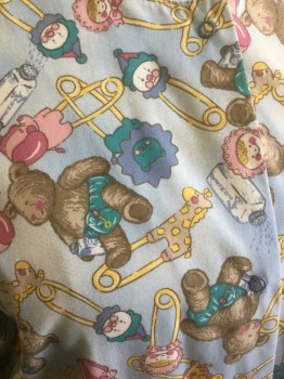 LANDAU, Lt Blue, Turquoise Blue, Brown, Pink, Yellow, Polyester, Cotton, Novelty Pattern, Multicolor Baby Diaper Pins with Clowns and Assorted Animals Baby Powder & Teddy Bears Pattern, Long Sleeves, Snap Front, 2 Pockets,