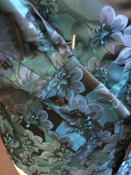 DANIEL ELLISSA, Teal Blue, Turquoise Blue, Black, Gray, Purple, Polyester, Floral, Collar Attached, Black Square Button Front, Long Sleeves,