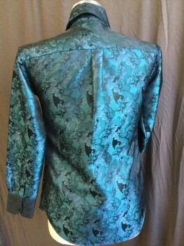 DANIEL ELLISSA, Teal Blue, Turquoise Blue, Black, Gray, Purple, Polyester, Floral, Collar Attached, Black Square Button Front, Long Sleeves,