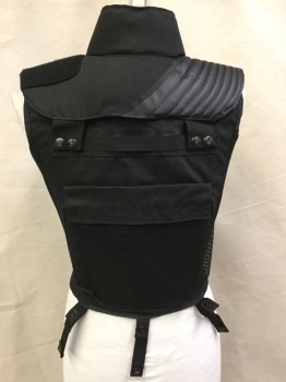 MTO, Black, Nylon, Neoprene, Solid, Black, Stand Collar Attached with Black Strap & 2 Metal Snap Closure, (detachable Shoulder) One Side Quilt Shoulder,  Large Zip Front,  & 3 Straps with Black Buckle Closure, 5 Straps with Metal Snap Hanging Down