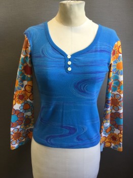 CUSTO BARCELONA, Teal Blue, Orange, Red, Blue, Lt Blue, Cotton, Swirl , Blue with Purple/Light Blue Swirls Body, Multicolor Circle Pattern Long Sleeves, Scoop Neck with 3 Buttons,  Ribbed Knit Neck, (small Hole in Left Shoulder)