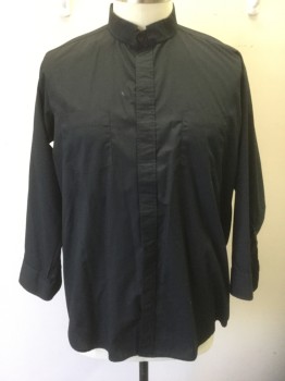 COMFORT SHIRT, Black, Poly/Cotton, Solid, Clerical/Priest Shirt, Long Sleeve Button Front, Priest Style Band Collar with Opening for White Tab (Not Included), 2 Patch Pockets, Hidden/Covered Button Placket