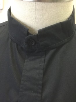 COMFORT SHIRT, Black, Poly/Cotton, Solid, Clerical/Priest Shirt, Long Sleeve Button Front, Priest Style Band Collar with Opening for White Tab (Not Included), 2 Patch Pockets, Hidden/Covered Button Placket